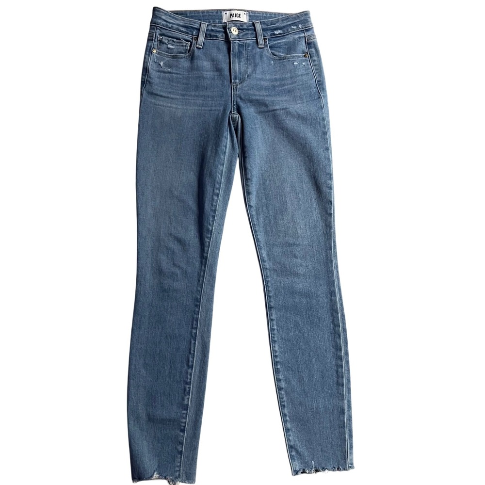 Paige Verdugo Ankle Skinny Jeans Medium Wash Raw Hem Size 25 Distressed Mid Rise